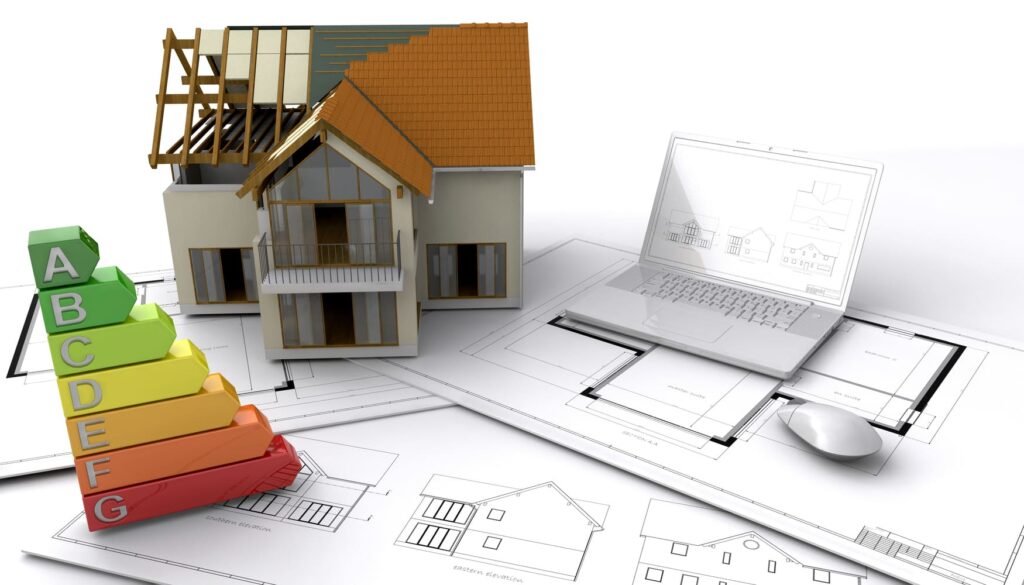 casa 3D con grafico efficienza energetica e planimetrie . Consultec Serramenti Reggio Calabria